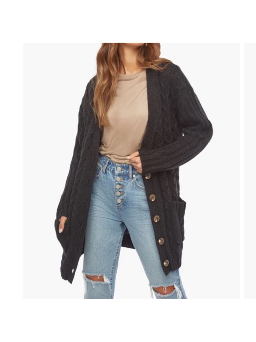 JustFab Textured Boyfriend Chunky Cable Knit Long Black Cardigan Sweater S NWT